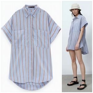 ZARA Striped Oversized Blue Orange Tunic Shirt Dress, M